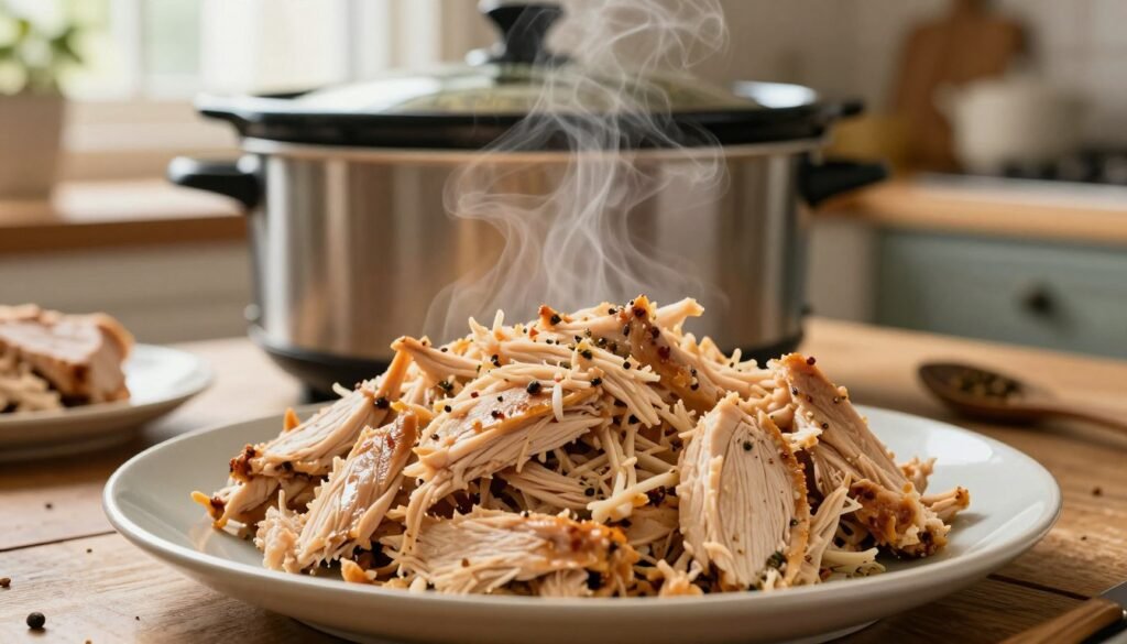 A beautifully arranged plate of easy shredded chicken, steam rising gently from the tender, juicy meat, showcasing its rich texture and flavor. In the foreground, focus on the shredded chicken with hints of herbs and spices glistening on the surface. In the middle, place a slow cooker with the lid slightly ajar, revealing the remaining chicken and various seasonings. The background includes a rustic kitchen setting with warm wooden tones, soft natural light filtering through a window, creating a cozy atmosphere. Use a shallow depth of field to emphasize the chicken while softly blurring the background, evoking a sense of homely comfort and ease in cooking. The overall mood is inviting and relaxed, ideal for a hands-off cooking method.