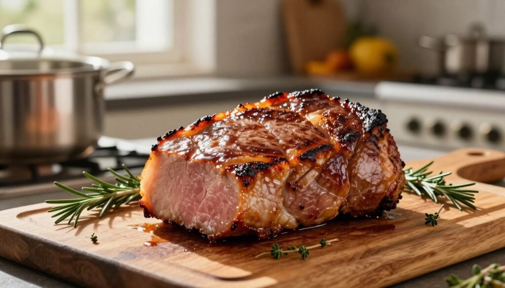 A beautifully cooked ham steak sits prominently on a rustic wooden cutting board, glistening with a rich glaze that highlights the caramelized edges. Surrounding the steak are sprigs of fresh herbs like rosemary and thyme, adding pops of green against the warm tones of the ham. In the background, a softly blurred kitchen scene reveals stainless steel cookware and golden-brown roasted vegetables. The lighting is warm and inviting, streaming in from a nearby window, casting subtle shadows that enhance the texture of the steak. A close-up perspective brings depth, emphasizing the juicy, tender meat. The atmosphere is cozy and appetizing, perfect for showcasing culinary excellence.