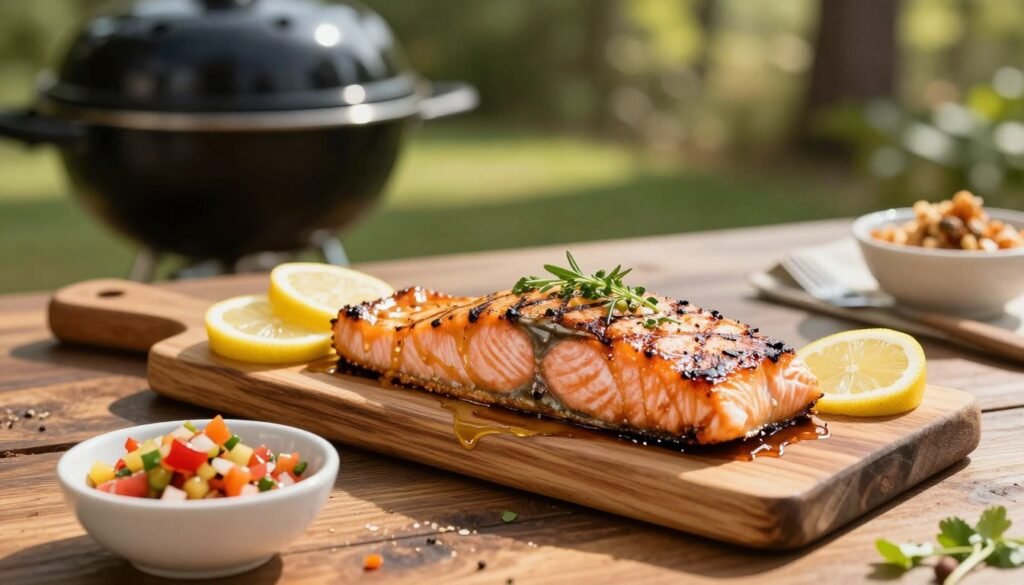 A beautifully grilled cedar plank salmon resting on a rustic wooden table, garnished with fresh herbs and slices of lemon. The salmon features a caramelized crust with visible grill marks, showcasing a succulent juicy texture. In the foreground, a small bowl of colorful, creative variations of seasonings and marinades, such as honey mustard glaze and spicy salsa, adds vibrancy. In the background, a blurred view of a serene outdoor setting with a charcoal grill, trees, and sunlight filtering through, provides a warm, inviting atmosphere. Soft, natural lighting enhances the freshness of the ingredients, while a shallow depth of field focuses the viewer's attention on the delicious salmon dish. The mood is leisurely and enjoyable, perfect for a summer cookout.