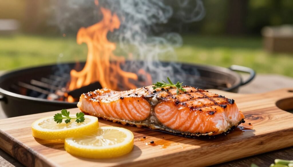 A beautifully grilled salmon fillet resting on a cedar plank, with visible grill marks and a vibrant, rich color. In the foreground, the salmon is garnished with fresh herbs and lemon slices for added vibrancy. In the middle ground, a grill with flames licking the cedar plank, emitting a slight smoky haze, suggests the cooking process. The background features a lush outdoor setting, with soft green grass and blurred trees, indicating a warm summer day. The scene is illuminated with warm, golden sunlight, showcasing the delicious glistening of the salmon. The mood is inviting and mouthwatering, perfect for capturing the essence of grilling. Shot with a shallow depth of field to emphasize the salmon while softly blurring the background, creating a cozy, alluring atmosphere.