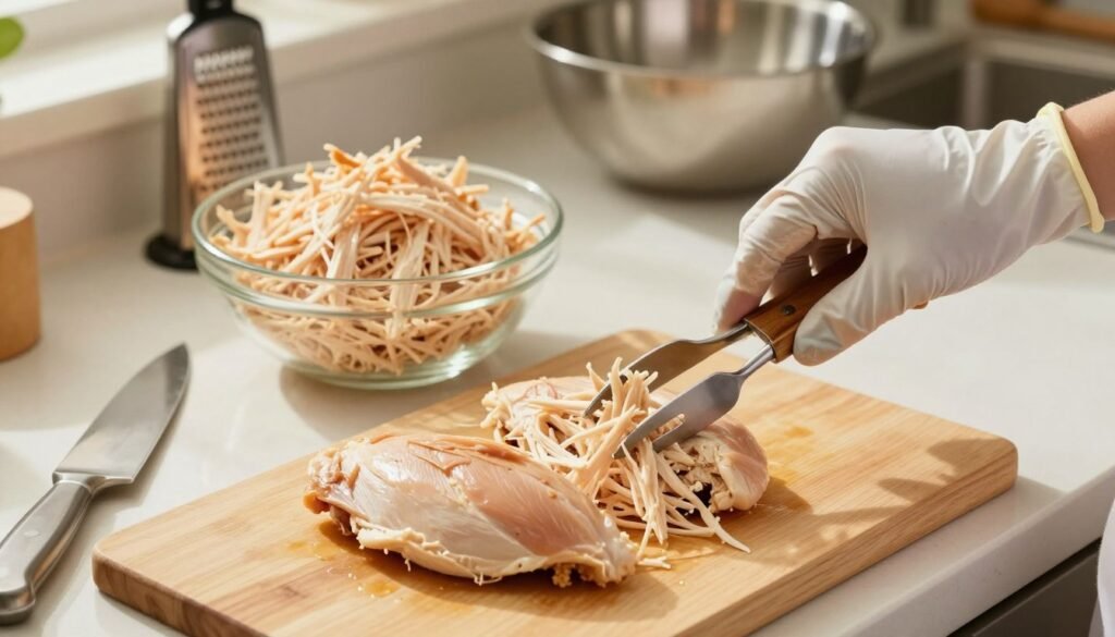 A bright, well-lit kitchen scene showcasing various techniques for shredding cooked chicken. In the foreground, a cutting board holds tender, perfectly cooked chicken breasts with a couple of forks beside it, demonstrating the classic two-fork method. A hand in a modest, professional cooking glove is shown mid-action, gently pulling apart the chicken. In the middle ground, a bowl filled with shredded chicken reveals fine, evenly shredded pieces, highlighting the results of the technique. The background features a clean countertop with kitchen utensils like a knife, a meat shredder, and a mixing bowl, all bathed in warm, natural light that creates an inviting atmosphere. The overall mood is instructional and appetizing, perfect for showcasing culinary skills.