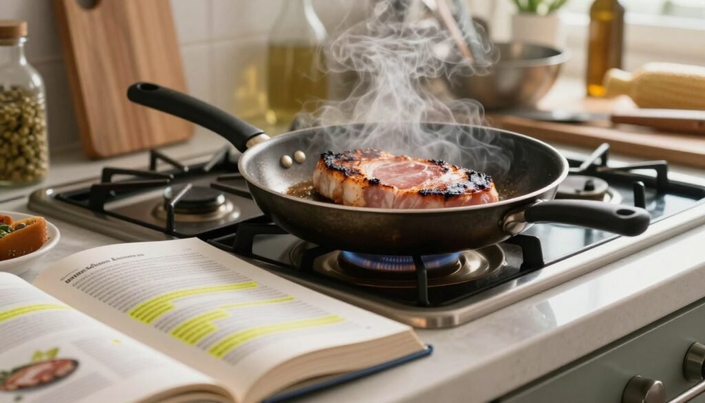 A cluttered kitchen countertop featuring a ham steak being cooked improperly, showcasing common mistakes such as burnt edges and uneven doneness. In the foreground, a partially open cookbook with highlighted cooking errors. In the middle, a frying pan on a stovetop, steam rising, with the ham steak visibly overcooked on one side and undercooked on the other, creating a contrast in color. A pair of tongs lies carelessly beside the pan. The background is softly blurred to emphasize the foreground, with kitchen utensils and ingredients scattered, creating a slightly chaotic atmosphere. Warm, natural light filters through a nearby window, adding a cozy yet disorganized vibe to the scene.
