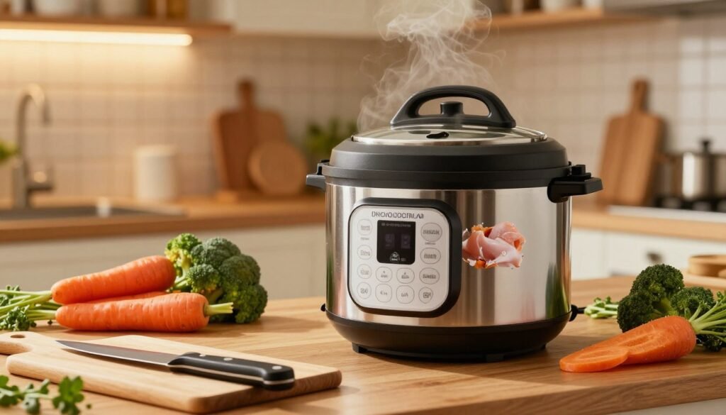 A cozy kitchen scene featuring an Instant Pot on a countertop, with frozen chicken pieces inside it, surrounded by fresh vegetables like carrots and broccoli. In the foreground, there is a chopping board with a knife and some herbs, emphasizing the preparation aspect. The middle ground reveals the Instant Pot's lid slightly ajar, steam gently rising, indicating cooking in progress. In the background, soft, warm lighting fills the room, casting a golden glow over the tiled backsplash and wooden shelves, creating a welcoming atmosphere. The camera angle is slightly elevated, giving a clear view of the pot and ingredients, inviting viewers to learn how to cook safely and effectively.