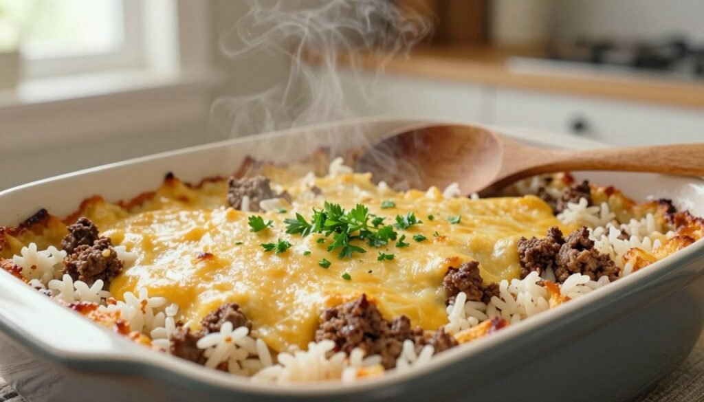 A delicious cheesy ground beef and rice casserole sits steaming in a ceramic baking dish, filled to the brim with flavorful, seasoned ground beef, fluffy white rice, and gooey melted cheese. The foreground showcases the casserole, golden and bubbly, with a sprinkle of fresh parsley on top for garnish. In the middle ground, a wooden spoon rests against the dish, hinting at a recent serving. The background features a warm, inviting kitchen with soft, natural lighting coming from a nearby window, casting a cozy glow on the scene. The overall atmosphere is one of comfort and hominess, perfect for a family meal together. The image is captured from a slightly elevated angle to emphasize the casserole’s textures and colors without any text or watermarks.