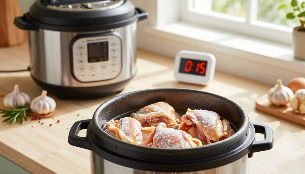 A modern kitchen countertop featuring a sleek Instant Pot prominently in the foreground, with frozen chicken pieces inside, glistening with droplets of condensation. In the middle ground, a digital timer displays "0:15" to indicate cooking time, surrounded by ingredients like garlic, herbs, and spices arranged neatly on the counter for an inviting cooking setup. In the background, natural light streams in through a window, casting soft shadows and creating a warm, friendly atmosphere. The overall mood is one of homey efficiency and culinary excitement, enticing viewers to explore the benefits of cooking frozen chicken quickly and safely in an Instant Pot. Focus on vibrant colors and clarity, with a shallow depth of field to emphasize the Instant Pot cooking process.