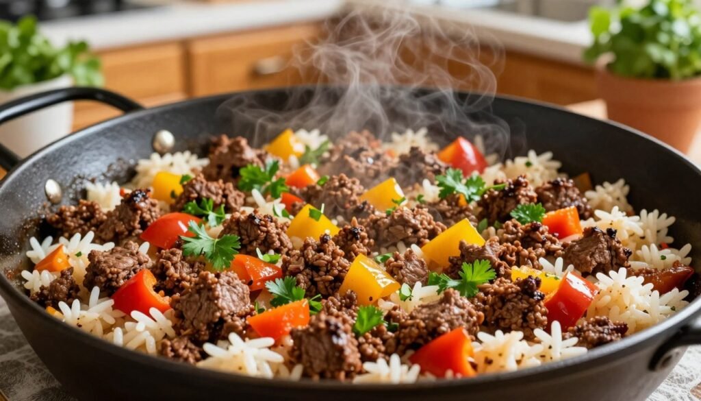 A vibrant and inviting ground beef and rice skillet filled with flavorful ingredients. In the foreground, a well-seasoned mixture of richly browned ground beef, fluffy white rice, and colorful diced bell peppers, all beautifully sautéed together. Fresh herbs, like parsley and cilantro, are scattered on top for a pop of color. In the middle ground, the skillet glistens under warm kitchen lighting, emphasizing the textures and steam rising from the dish. In the background, a cozy kitchen setting with wooden cabinets and potted herbs adds homely warmth. The image captures a inviting atmosphere, evoking a sense of comfort and family togetherness, ideal for quick meals at home. Use a slightly overhead angle to showcase the ingredients in detail.