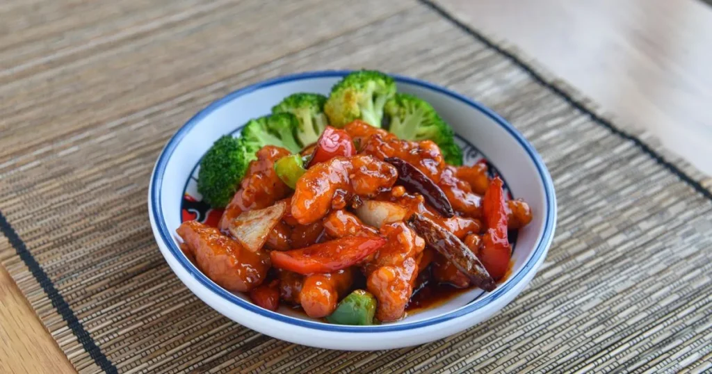 Mall-Style Bourbon Chicken Recipe with rice and broccoli