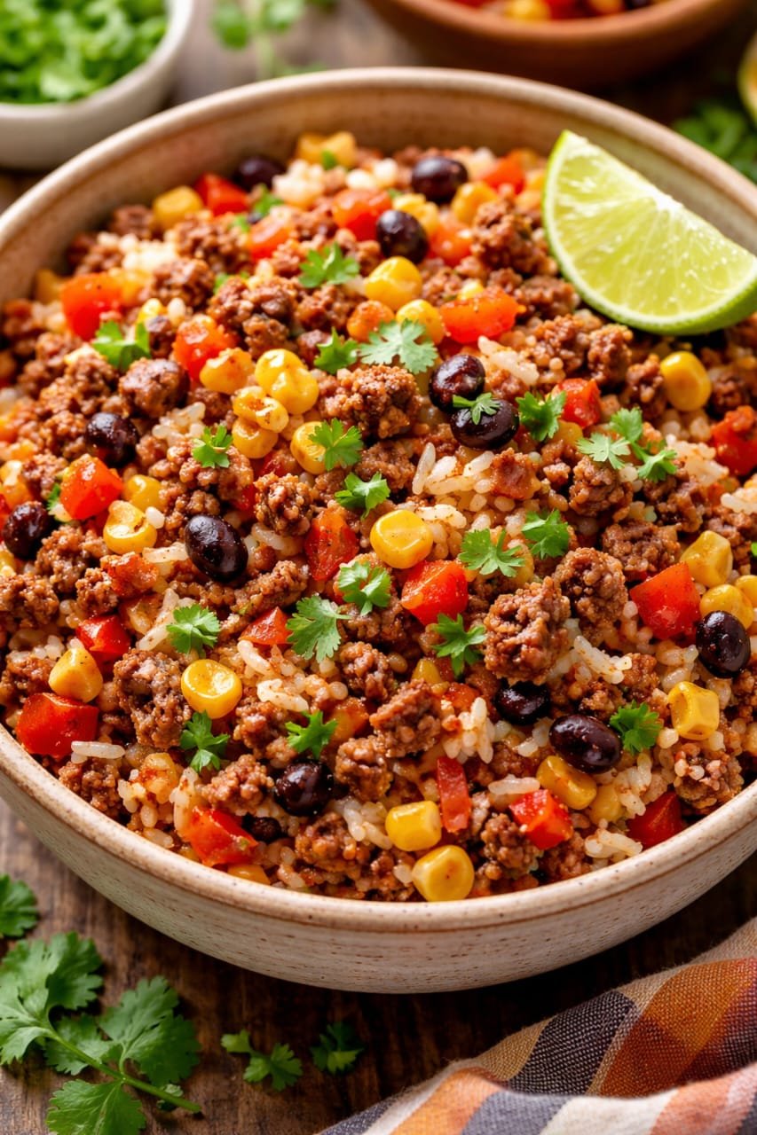 Delicious ground beef and rice meal served in a bowl with colorful vegetables, perfect for a quick, easy, and budget-friendly dinner.