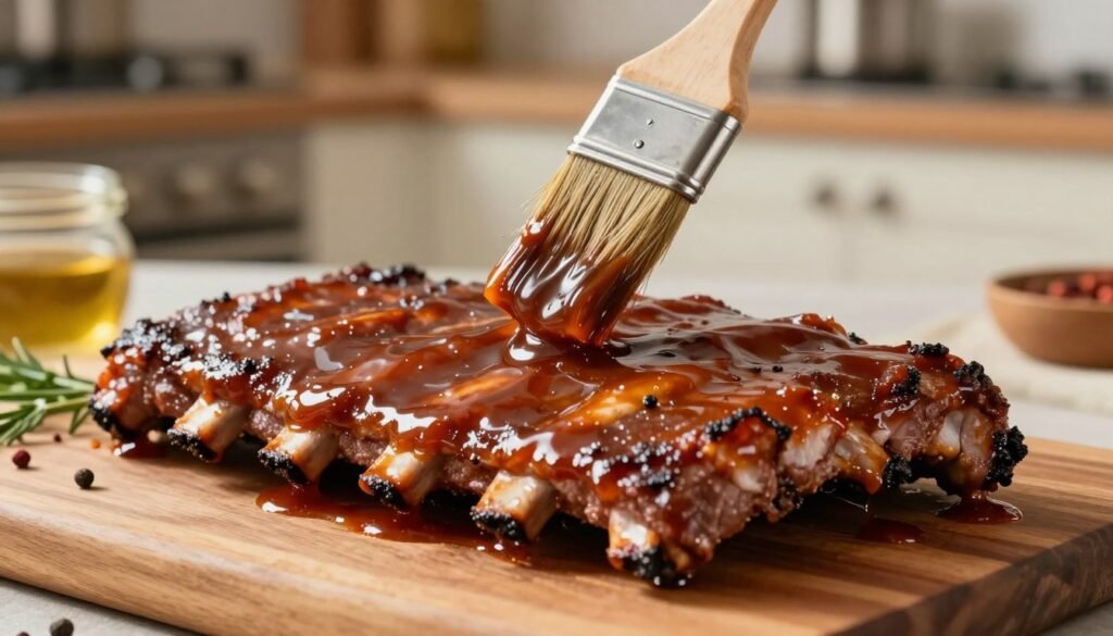 adding BBQ sauce to ribs