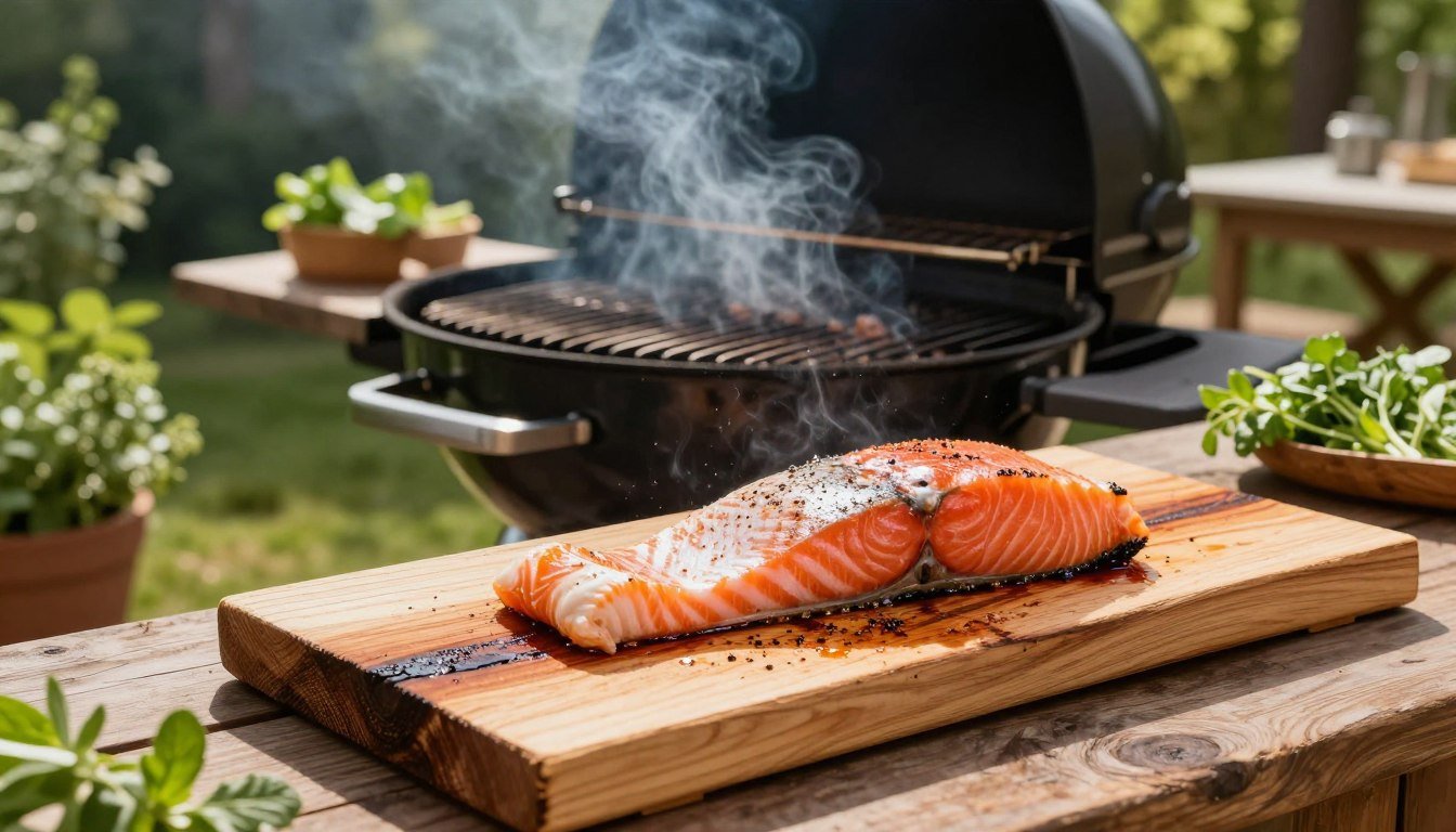 grilling salmon on cedar plank