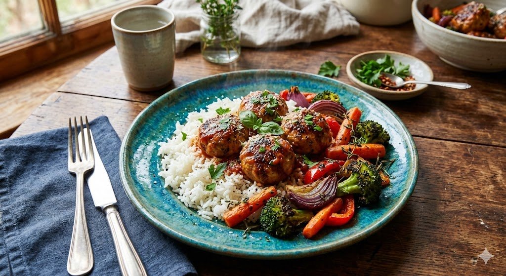 Ground chicken recipes: juicy chicken meatballs with rice