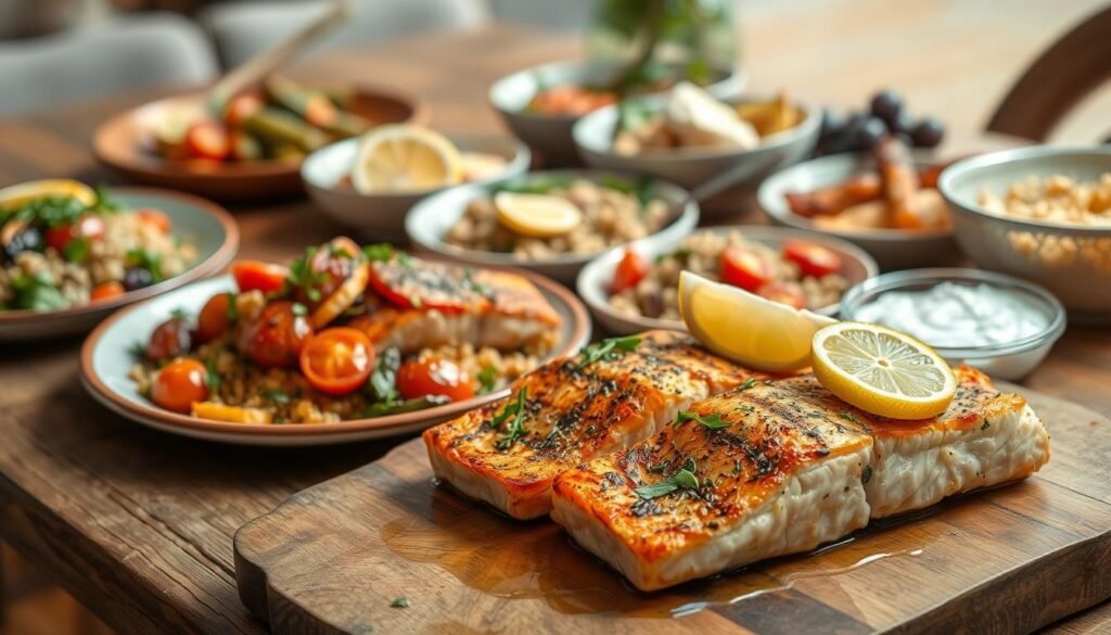 A beautifully arranged Mediterranean salmon dish displayed atop a rustic wooden table. In the foreground, juicy, grilled salmon fillets are garnished with fresh herbs, lemon wedges, and a drizzle of olive oil. Beside the salmon, a variety of gluten-free recipes, such as quinoa salad with cherry tomatoes and arugula, roasted vegetables, and a zesty tzatziki sauce are elegantly presented on artisanal plates. In the middle background, vibrant vegetarian sides like hummus, stuffed grape leaves, and tabbouleh add pops of color to the scene. The lighting is warm and inviting, creating a cozy and appetizing atmosphere, with a shallow depth of field focusing on the dishes while softly blurring the edges. The angle captures the richness of textures and colors, inviting viewers to explore Mediterranean culinary delights.