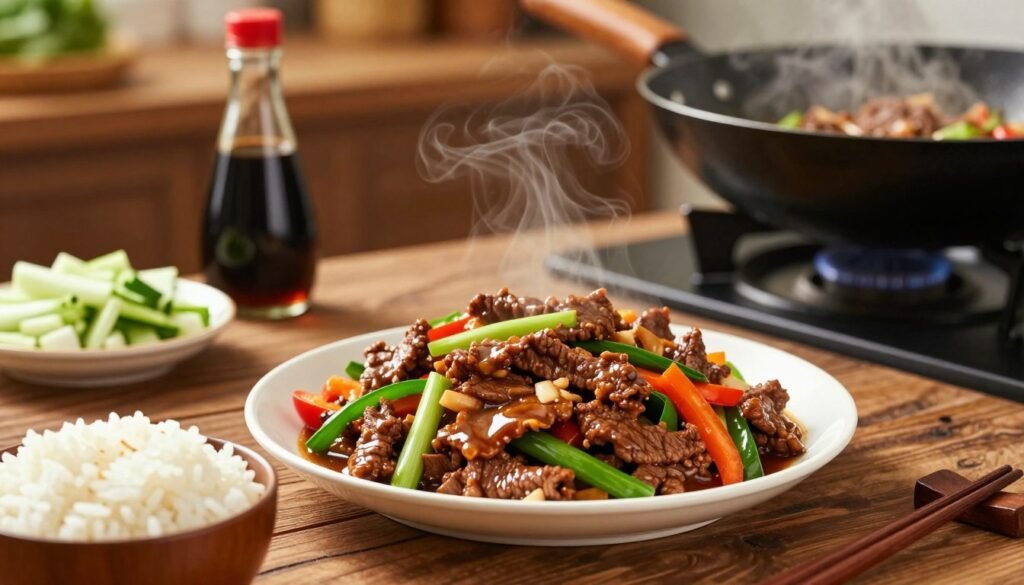A beautifully arranged Mongolian beef stir fry on a rustic wooden kitchen table, showcasing tender strips of beef coated in a glossy brown sauce, vibrant green scallions, and colorful bell peppers. The foreground features a wok on a hot stove with sizzling beef, emitting steam, and a bowl of rice nearby, invitingly filled. In the middle ground, chopped vegetables, soy sauce, and a wooden spatula complete the cooking vibe. The background is softly blurred to suggest a cozy kitchen setting with warm, ambient lighting highlighting the dish, creating an inviting, homey atmosphere. Shot with a close-up angle to emphasize the textures and colors of the ingredients, enhancing the visual appeal of this step-by-step cooking process for Mongolian beef stir fry.