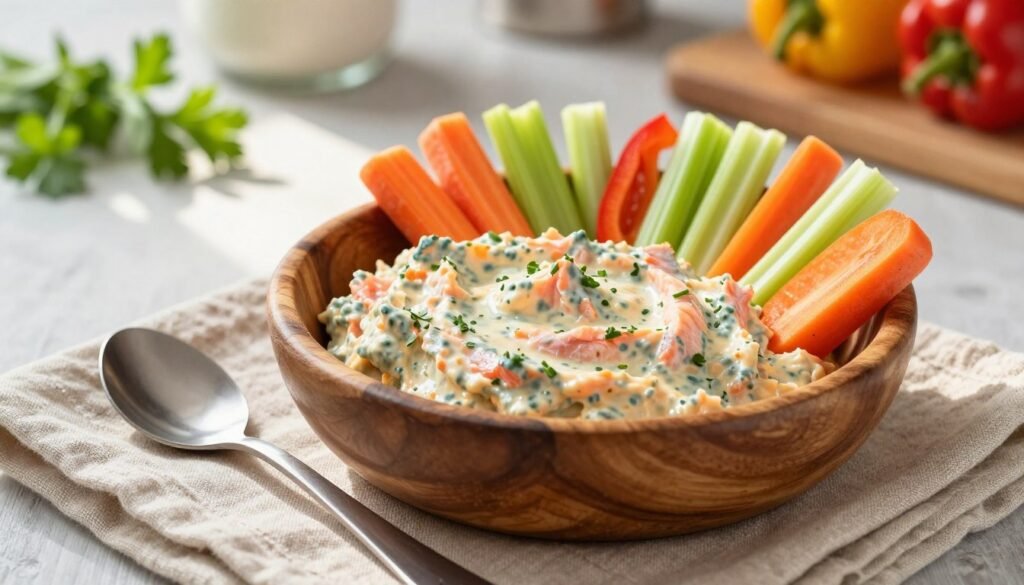 A beautifully arranged canned salmon dip appetizer displayed prominently in a rustic wooden bowl, surrounded by fresh vegetable sticks, such as vibrant carrots, celery, and bell peppers for dipping. In the foreground, a spreader rests neatly beside the bowl, hinting at the creamy texture of the dip. The middle ground features a lightly textured linen cloth, adding warmth and a natural feel to the presentation. The background shows soft-focus kitchen elements—like herbs and a cutting board—to evoke a cozy home atmosphere. Natural sunlight beams in from the left, illuminating the scene and enhancing the inviting colors of the spread and vegetables. The overall mood is casual yet elegant, perfect for a gathering or party setting.