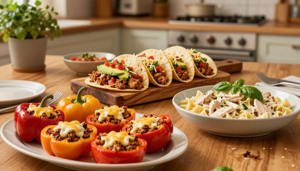 A beautifully arranged dinner table showcasing a variety of ground chicken dishes. In the foreground, a vibrant platter of stuffed bell peppers with a savory ground chicken filling topped with melted cheese. Next to it, a bowl of creamy chicken pasta garnished with fresh basil. In the middle, a rustic wooden serving board filled with ground chicken tacos topped with colorful toppings like avocado, salsa, and shredded cheese. The background features a warm kitchen setting with soft, ambient lighting, illuminating the dishes and creating an inviting atmosphere. A hint of greenery from potted herbs sits on the counter, enhancing the freshness of the meal. The angle is slightly overhead, capturing the entire spread in a family-friendly, cozy dining atmosphere.