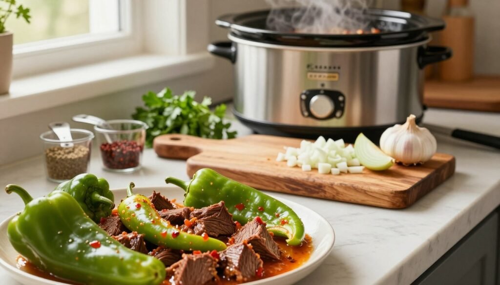 A beautifully arranged kitchen countertop showcasing the preparation of pepperoncini beef in a slow cooker. In the foreground, a close-up of vibrant green pepperoncini peppers and tender cuts of beef marinating in a savory sauce, glistening under soft, warm lighting. In the middle, a rustic wooden cutting board with chopped onions and garlic, alongside measuring cups filled with spices ready for seasoning. The background features an elegant slow cooker, gently steaming, with a hint of fresh herbs like parsley for garnish. The atmosphere is inviting and homely, with natural light filtering through a nearby window, creating a cozy cooking environment. The composition conveys a sense of simplicity and flavor, perfect for home cooking enthusiasts.