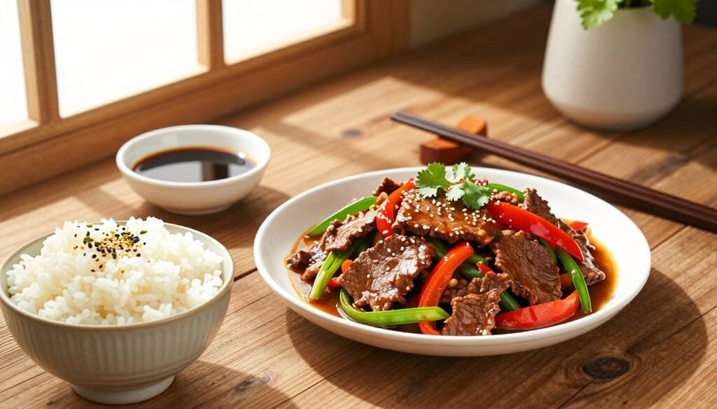 A beautifully arranged plate of Mongolian beef, showcasing tender slices of marinated beef stir-fried with vibrant bell peppers and scallions, glistening in a rich, savory sauce. In the foreground, a bowl of fragrant jasmine rice sits next to the beef, garnished with fresh cilantro and sesame seeds. In the middle ground, a small dish of soy sauce and a pair of elegant chopsticks enhance the presentation. The background features a rustic wooden table, softly illuminated by warm, natural light filtering through a nearby window, casting gentle shadows to create a cozy atmosphere. A minimalist vase with fresh greenery adds a touch of freshness, completing the inviting scene.