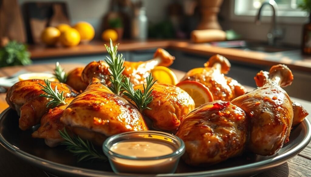 A beautifully arranged plate of freshly baked chicken legs and thighs, glistening with a golden-brown glaze. The chicken is garnished with sprigs of rosemary and slices of lemon, adding vibrant color. In the foreground, flaky, crispy skin shines, showcasing the juicy, tender meat inside. In the middle, a rustic wooden table sets a warm ambiance, while a small bowl of dipping sauce is placed nearby. In the background, a softly lit kitchen, with hints of herbs and spices on the counter, enhances the cozy, homely atmosphere. The lighting is natural, imitating late afternoon sunlight streaming through a window, casting soft shadows. The composition focuses on the delicious details of the dish, evoking a sense of warmth and comfort.