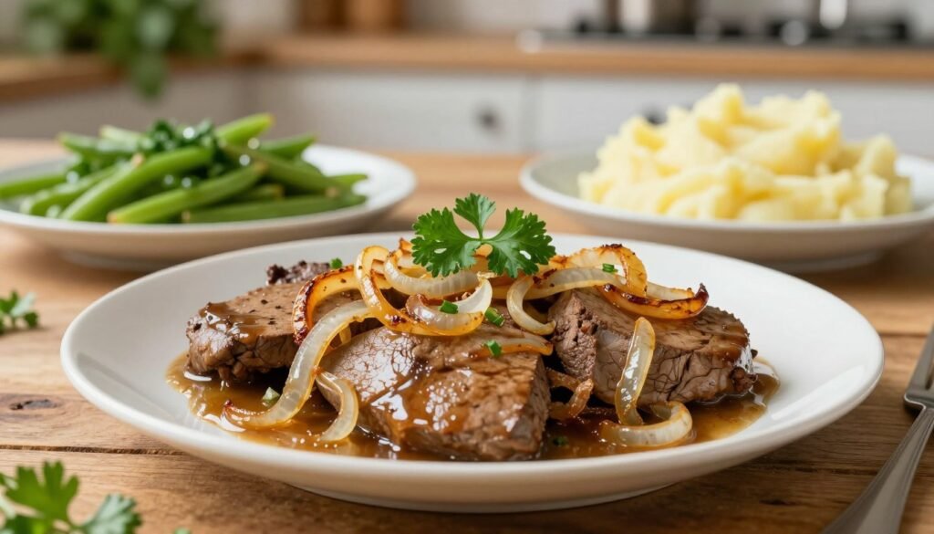 A beautifully arranged plate of tender calf liver, perfectly cooked and glistening with a rich, savory onion and gravy sauce. The foreground showcases the liver slices artistically garnished with fresh parsley, complementing the golden-brown caramelized onions atop. In the middle, include a rustic wooden table adorned with complementary side dishes like creamy mashed potatoes and steamed green beans, providing vibrant color contrast. The background features a softly lit kitchen setting, with a hint of fresh herbs and spices visible on a shelf, creating an inviting culinary atmosphere. Use warm, natural lighting to enhance the appetizing look of the dish, and apply a shallow depth of field to focus on the liver while softly blurring the background, evoking a cozy, home-cooked feel.