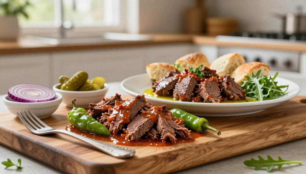 A beautifully arranged serving platter of pepperoncini beef, showcasing tender, shredded beef glistening in a rich, flavorful sauce, garnished with bright green pepperoncini peppers. The foreground features a rustic wooden board with utensils and neatly placed small bowls of sliced red onions, tangy pickles, and fresh herbs. In the middle, a serving of beef is artistically presented on a white plate, surrounded by soft rolls, fresh arugula, and a drizzle of olive oil. The background is softly blurred, depicting a warm, inviting kitchen with natural light filtering through a window, creating a cozy atmosphere. The composition captures the essence of a hearty meal, perfect for serving with family and friends.