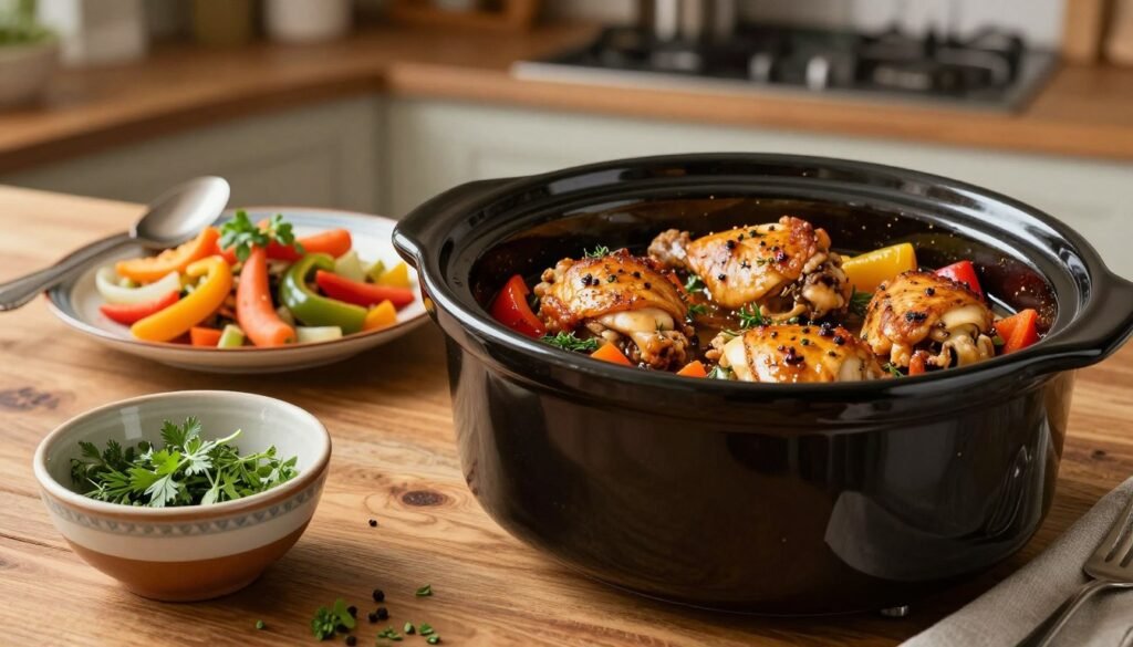 A beautifully arranged slow cooker filled with succulent, golden-brown chicken thighs, gently simmering in a rich blend of aromatic herbs and spices, surrounded by an assortment of colorful vegetables like bell peppers, carrots, and onions. The foreground features a rustic wooden countertop, with a beautifully crafted ceramic bowl filled with fresh herbs, adding a pop of green. In the middle ground, a vibrant, appetizing plate of the finished dish is artfully garnished and set beside a spoon and fork, ready to be served. The background softly fades, showcasing a cozy kitchen ambiance with warm lighting that creates an inviting atmosphere. The image captures a sense of comfort and delicious home-cooked meals, perfect for meal prep. The scene is shot at a slight angle to emphasize the depth and textures of the ingredients.