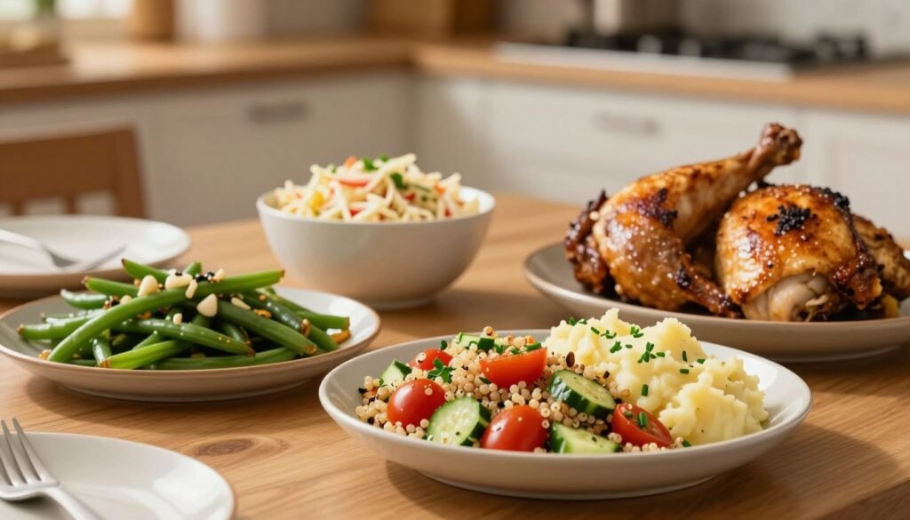 A beautifully arranged table setting showcasing an assortment of colorful side dishes perfectly paired with golden-brown roasted chicken thighs. In the foreground, a vibrant quinoa salad with cherry tomatoes, cucumber, and herbs takes center stage alongside creamy mashed potatoes topped with chives. In the middle ground, a platter of sautéed green beans with garlic and a bowl of tangy coleslaw add to the variety. The background features a softly blurred kitchen setting with warm, inviting lighting that enhances the cozy dining atmosphere. The scene captures a sense of comfort and hominess, ideal for a family dinner. Use a warm color palette, with natural, soft shadows to create depth, shot from a slightly elevated angle to showcase the dishes effectively.