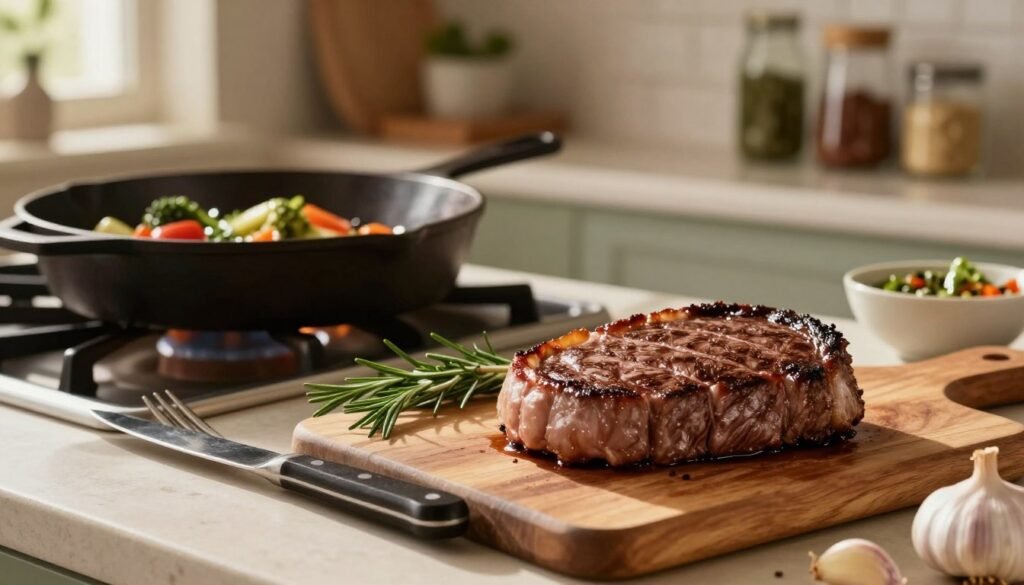 A beautifully arranged top round steak recipe scene, featuring a perfectly cooked top round steak, marbled and juicy, resting on a wooden cutting board. In the foreground, a sharp knife and fork lay elegantly beside it, while sprigs of fresh rosemary and garlic cloves add vibrant color. The middle ground showcases a warm, rustic kitchen setting with an antique cast-iron skillet on the stove, a nearby bowl of seasoned vegetables, and open shelves displaying herbs and spices. The background softly blurs to reveal sunlight streaming through a window, casting gentle shadows across the countertop. Utilize warm lighting to evoke a cozy, inviting atmosphere, with a shallow depth of field to focus on the steak and its surrounding ingredients, hinting at alternative cooking methods for a hearty meal.