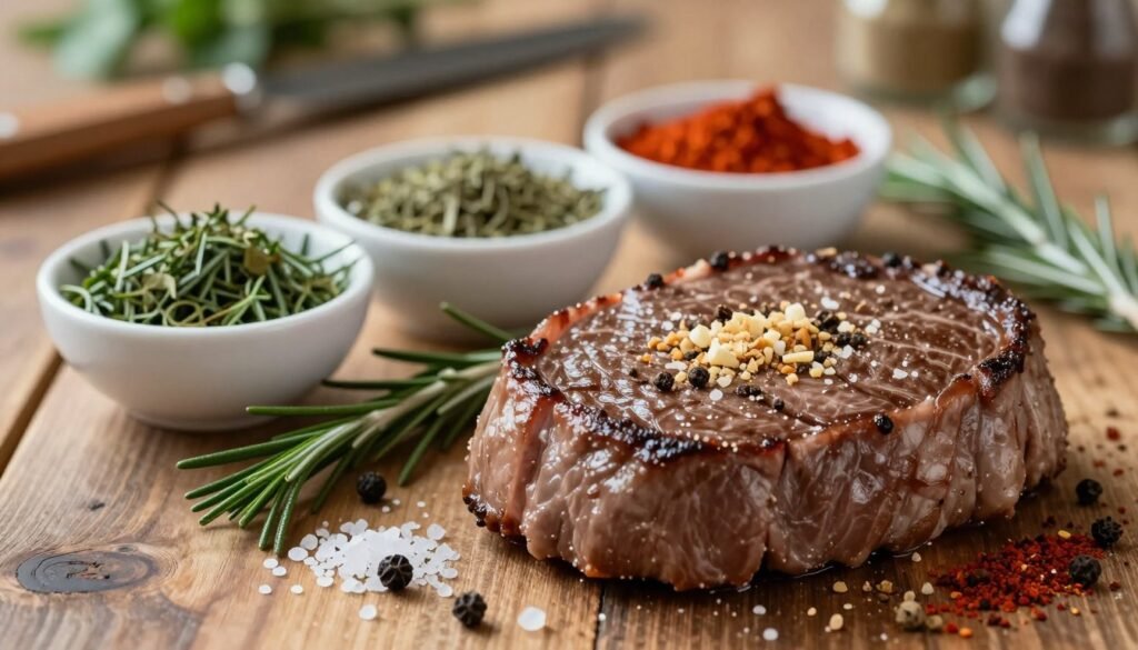 A beautifully arranged top round steak surrounded by an array of vibrant spices and seasonings. In the foreground, the steak is seasoned with coarse salt, freshly cracked pepper, and a sprinkle of garlic powder, glistening under soft, natural light. The middle composition features small bowls filled with colorful herbs such as rosemary, thyme, paprika, and cumin, adding an appetizing variety to the presentation. The background is a rustic wooden surface, slightly blurred to highlight the steak and seasonings, while subtle kitchen utensils and a hint of greenery create an inviting atmosphere. The image should evoke a warm, comforting mood, suggesting a home-cooked meal prepared with care and attention to flavor enhancement.