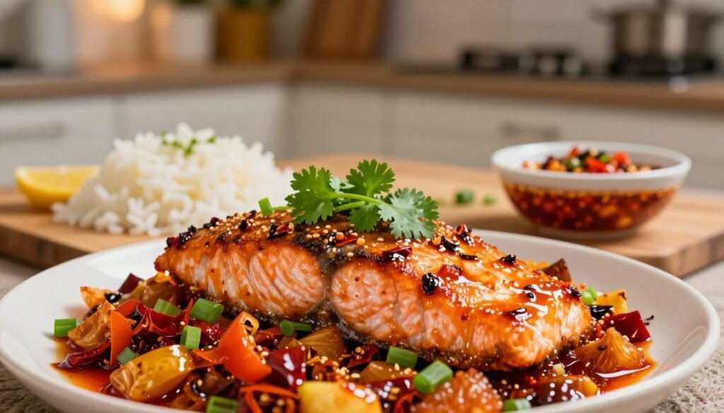 A beautifully plated dish of chili crisp salmon, featuring a perfectly seared salmon fillet glistening with a spicy chili oil glaze. The foreground showcases the vibrant colors of the dish, with a garnish of fresh cilantro and thinly sliced green onions. The middle ground presents a wooden cutting board adorned with colorful side elements like steamed jasmine rice and a small bowl of chili crisp oil. The background is softly blurred, featuring a modern kitchen setting with warm, ambient lighting that highlights the meal. Capture a close-up angle to create an inviting and appetizing atmosphere, emphasizing the textures of the crispy skin and the glossy appearance of the chili glaze. The mood is warm and inviting, perfect for a cozy cooking experience.