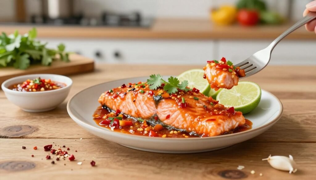 A beautifully plated dish of chili garlic salmon, the salmon fillet glazed with a vibrant, spicy chili garlic sauce, garnished with fresh cilantro and slices of lime. In the foreground, a fork is ready to take a bite, while a small bowl of extra chili garlic sauce sits nearby for dipping. The middle of the scene features a rustic wooden table, complemented by a light scattering of crushed red pepper and minced garlic around the dish for added texture. The background shows soft-focus kitchen elements, like a cutting board and colorful vegetables, creating a warm and inviting atmosphere. The lighting is bright and natural, suggesting a cheerful kitchen setting, with a shallow depth of field that keeps the focus on the salmon while giving a sense of a cozy home environment.