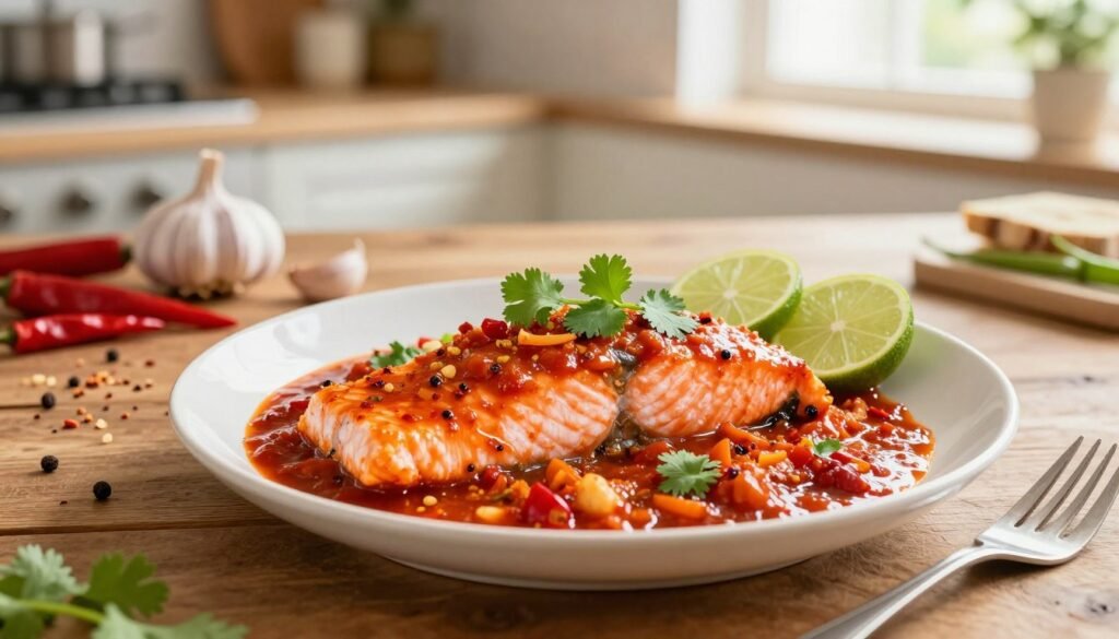 A beautifully plated dish of chili garlic salmon, with the salmon fillet glistening in a spicy, bright red sauce, garnished with fresh cilantro and slices of lime. In the foreground, a fork rests beside the plate, emphasizing the deliciousness of the meal. The middle ground features a rustic wooden table adorned with scattered spices like crushed red pepper and garlic cloves, enhancing the vibrant colors. The background includes a softly blurred kitchen setting, with warm, natural light streaming in through a window, creating an inviting atmosphere. The scene conveys a sense of warmth and the joy of cooking, perfectly reflecting a flavorful dinner experience.