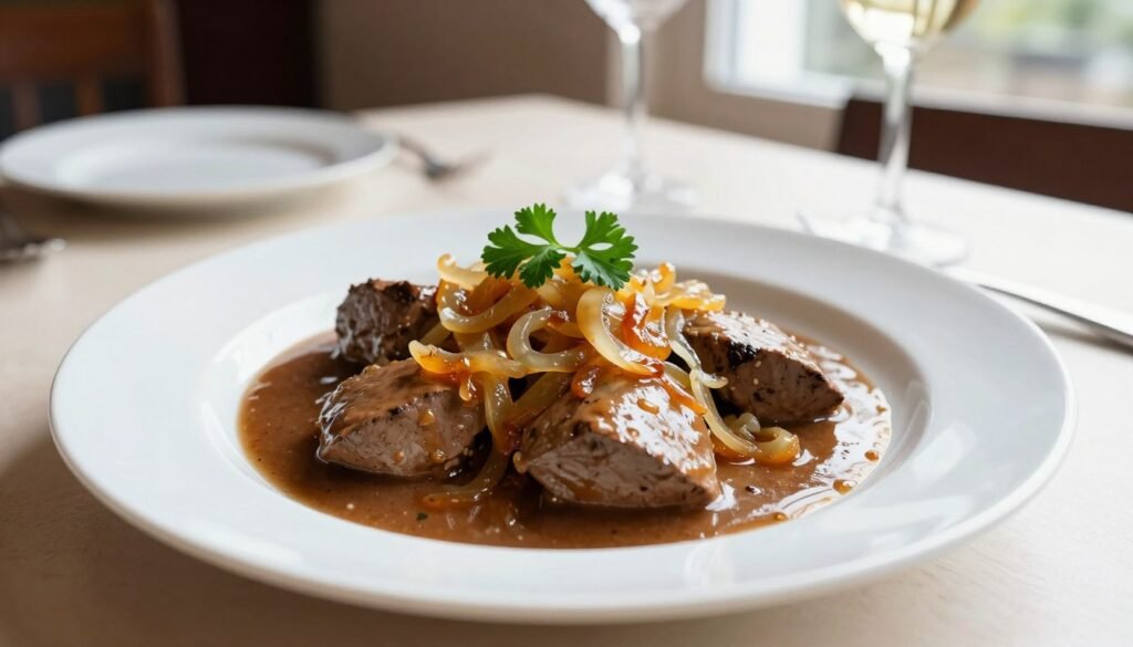 A beautifully plated dish of liver and onions, garnished with fresh parsley, served on an elegant white plate. The liver is cooked to a perfect medium, glistening in a rich, brown gravy that pools around it, with caramelized onions generously topping the liver. In the background, a softly lit dining table is set, featuring simple yet tasteful tableware, enhancing the cozy atmosphere. Natural warm light filters through a nearby window, casting gentle shadows and creating a welcoming ambiance. The focus is sharp on the dish, with a slightly blurred background to emphasize the culinary presentation. The mood is inviting and homely, perfect for a heartwarming meal.