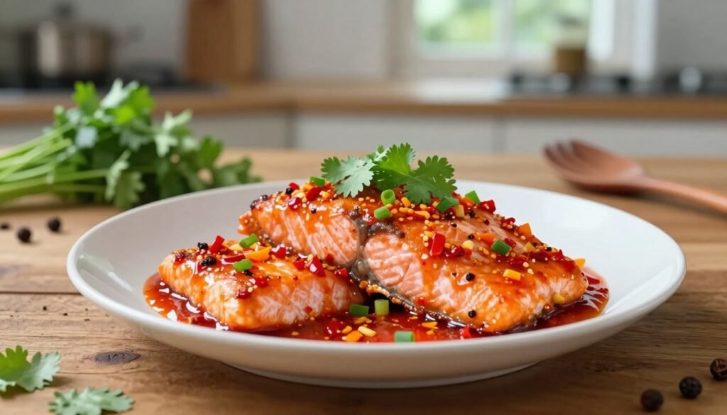 A beautifully plated dish of spicy chili salmon, glistening with vibrant red and orange chili crisp glaze, garnished with fresh herbs like cilantro and green onions. The salmon fillet is carefully cooked, showcasing a tender texture with a slight char on the edges. The foreground features the dish in a white porcelain plate, with a rustic wooden table providing warmth. In the middle background, a soft-focus kitchen scene with herbs and spices scattered around, hinting at the cooking process. Natural lighting from a nearby window creates a warm, inviting ambiance, highlighting the colors of the dish. This image should evoke a sense of culinary expertise and the joy of cooking.