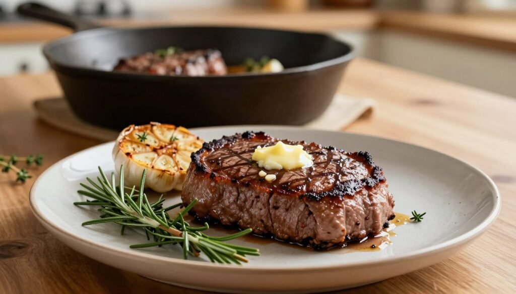 A beautifully plated pan-seared top round steak, juicy and perfectly cooked, glistening with garlic butter drizzled on top. In the foreground, the steak is surrounded by fresh herbs like rosemary and thyme, along with roasted garlic cloves. The background features a rustic kitchen setting with wooden countertops and soft, natural lighting casting a warm glow on the scene. A cast-iron skillet is slightly blurred in the midground, adding depth to the composition. The mood is inviting and homely, evoking the comfort of home-cooked meals. Capture the essence of rich flavors and culinary artistry, with an emphasis on the vibrant colors of the steak and herbs, creating an appetizing visual for gourmet cooking enthusiasts.
