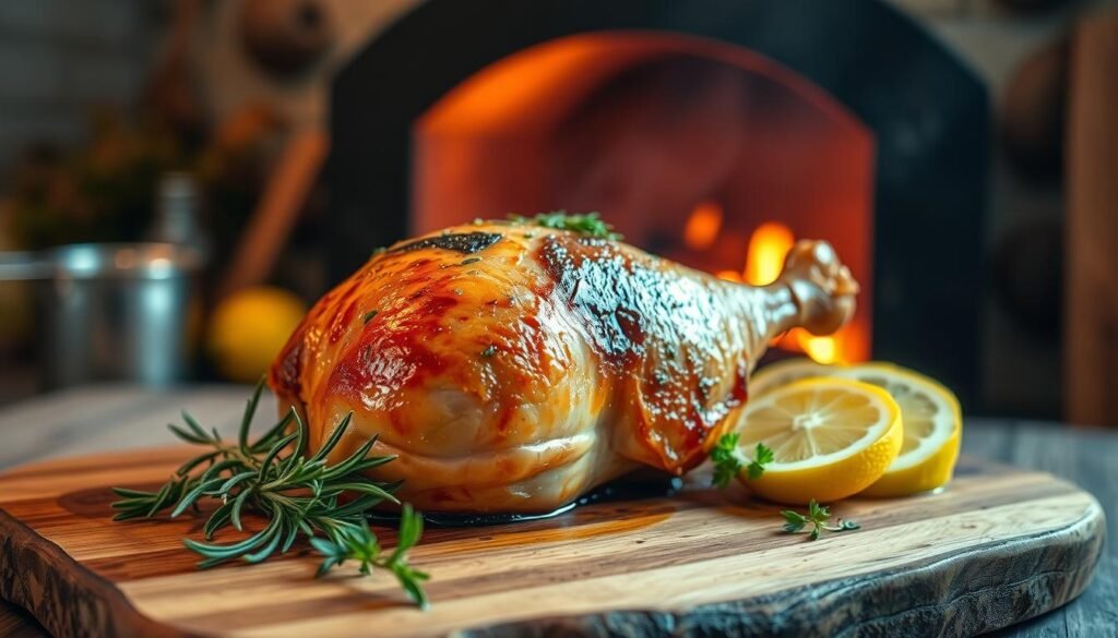 A beautifully roasted chicken leg quarter is presented on a rustic wooden platter, garnished with fresh herbs like rosemary and thyme. The skin is a rich golden-brown, glistening with savory juices that highlight its tenderness. In the foreground, a few sprigs of parsley and slices of lemon add a pop of color. The middle ground features a softly glowing, warmly lit kitchen setting with hints of utensils and ingredients subtly blurred, creating a homely atmosphere. In the background, a wood-burning oven casts a faint warmth, emphasizing the art of roasting. The lighting is soft yet inviting, reminiscent of a cozy family gathering, capturing the essence of perfect roasting techniques for tender meat.
