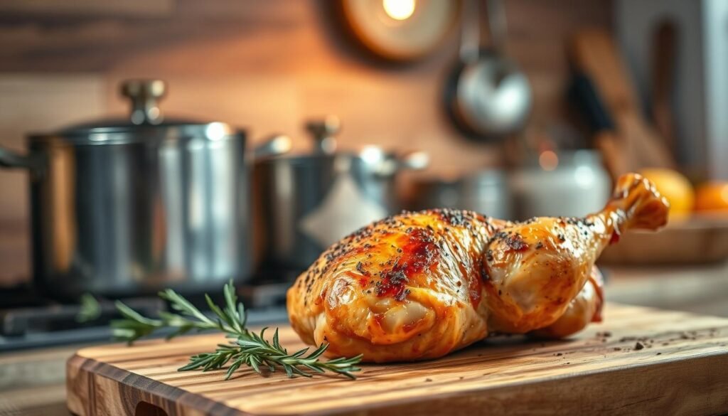 A beautifully roasted oven-baked chicken leg, seasoned to perfection, sits on a rustic wooden cutting board. The golden-brown skin glistens, showcasing its crispy texture, while sprigs of fresh herbs like rosemary and thyme are artfully scattered around. In the background, a soft glow from an overhead light creates a warm, inviting atmosphere, highlighting the chicken's rich color. A shallow depth of field blurs the kitchen setting, featuring pots and pans, enhancing the focus on the mouthwatering chicken leg in the foreground. The scene evokes a sense of homely comfort and culinary mastery, making it an ideal illustration for mastering oven-baked chicken techniques.