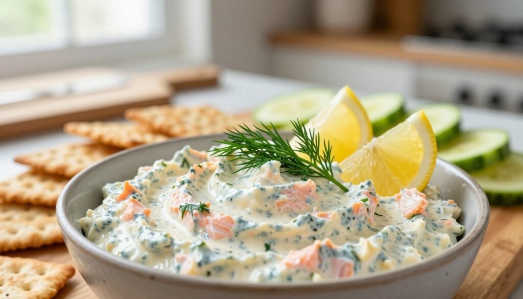 A beautifully styled creamy canned salmon dip in a rustic bowl, garnished with fresh dill and lemon wedges, occupying the foreground. The dip's creamy texture and subtle hints of pink and white contrast with the vibrant green garnish. Surrounding the bowl are crunchy crackers and sliced vegetables, elegantly arranged on a wooden serving board. In the background, there are blurred kitchen elements like a cutting board and a soft-focus window with natural light filtering through, creating a warm and inviting atmosphere. The lighting is soft and diffuse, giving the scene a fresh, appealing look, captured with a shallow depth of field to emphasize the dip. The overall mood is cozy, perfect for a homemade appetizer setting.