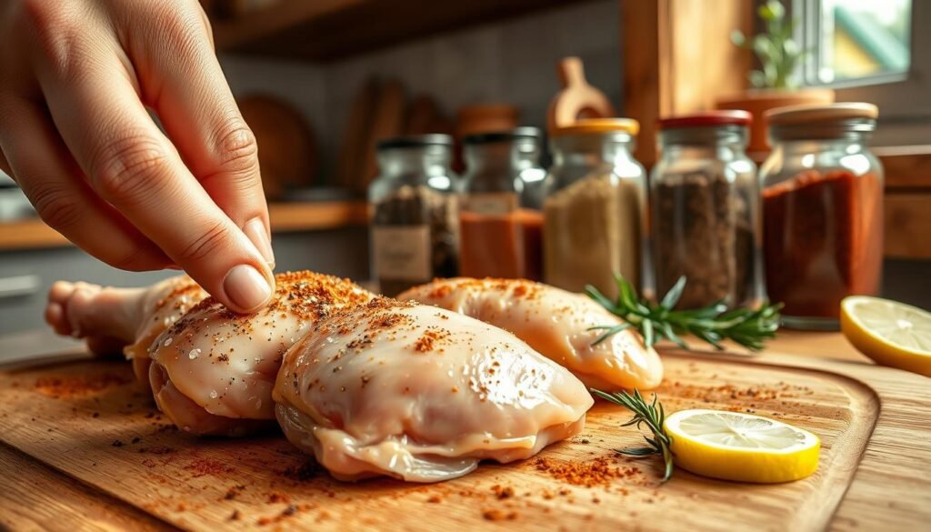A close-up scene of seasoned chicken leg quarters being rubbed with spices on a wooden cutting board. In the foreground, a hand in a modest, casual attire passionately rubs a blend of sea salt, pepper, garlic powder, and smoked paprika into the skin, emphasizing attention to detail. The chicken is glistening, showcasing the marbling of the skin and spices. In the middle ground, various jars of herbs and spices are artistically arranged, with a sprig of rosemary and a slice of lemon adding freshness. The background features a warm, rustic kitchen setting with soft, natural light streaming through a nearby window, creating a cozy and inviting atmosphere. The angle captures the hands' movement and the texture of the food, highlighting the art of seasoning.