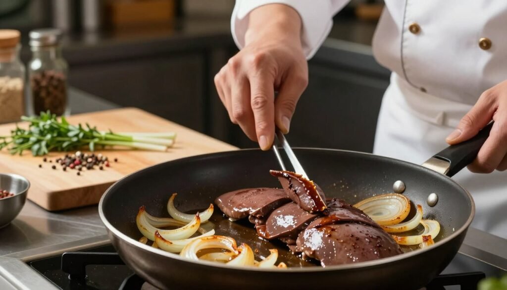 A close-up scene showcasing cooking techniques for tender calf liver, emphasizing a well-lit kitchen setting. In the foreground, a skilled chef in a professional chef's coat and apron carefully sears slices of calf liver in a sizzling pan, with golden-brown onions caramelizing on the side. The middle ground features a cutting board with fresh herbs and seasonings neatly arranged. Soft, warm overhead lighting highlights the rich textures of the liver and the glossy sheen of the onions in the pan. The background includes blurred kitchen utensils and spices on a shelf, creating a homely yet professional atmosphere. The overall mood is inviting and culinary-focused, conveying expertise in preparing a flavorful dish.