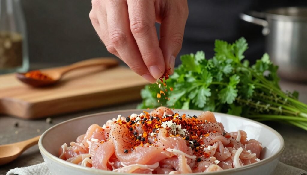 A close-up shot of a chef's hands expertly seasoning ground chicken in a rustic kitchen. The foreground features a bowl of raw ground chicken, sprinkled with colorful spices like paprika, garlic powder, and black pepper, with a small wooden spoon resting nearby. In the middle, a variety of fresh herbs, such as parsley and thyme, add vibrant greens. The background showcases a wooden cutting board and various cooking utensils, gently blurred to create depth. Soft, warm lighting bathes the scene, creating an inviting and homey atmosphere. The focus is sharp on the chicken and spices, emphasizing texture and color, while the overall mood conveys a sense of culinary creativity and warmth.