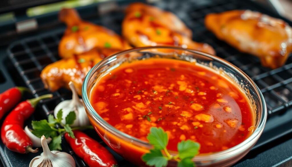 A close-up shot of a vibrant, flavorful marinade in a glass bowl, featuring a mix of deep red and orange barbecue sauce with flecks of herbs and spices visible. Surround the bowl with fresh ingredients such as garlic cloves, red chili peppers, and sprigs of parsley for added color. In the background, softly blurred, showcase a grill with chicken leg quarters marinating, with hints of smoke rising to suggest warmth and a cooking ambiance. Use warm, inviting lighting to enhance the rich colors of the marinade, capturing a sense of homely cooking. The angle should be slightly above, allowing the viewer to appreciate the texture and glossiness of the marinade, creating an inviting and appetizing mood.