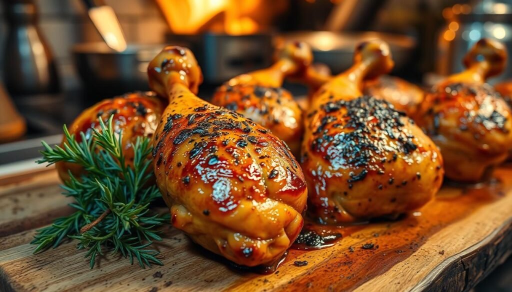 A close-up view of tantalizing oven-baked chicken legs, glistening with a golden-brown exterior seasoned with a blend of herbs and spices. The chicken is arranged on a rustic wooden board, garnished with fresh sprigs of rosemary and thyme, showcasing the textures and juiciness of the meat. Soft, warm lighting creates a cozy atmosphere, illuminating the vibrant colors of the seasonings and highlighting the crispy skin. In the background, blurred kitchen utensils and a hint of an oven give context to the cooking process. The angle is slightly elevated, focusing on the chicken while allowing the rustic elements to create a homely feel, inviting the viewer to savor the anticipation of delicious flavors.