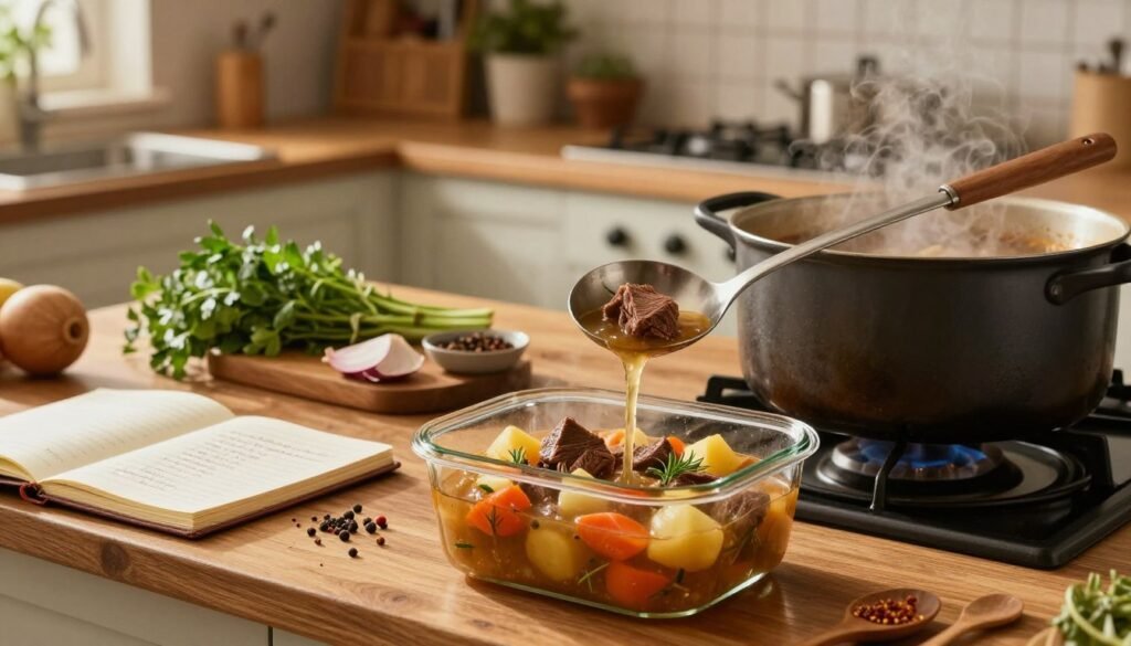 A cozy kitchen scene featuring a large pot of beef stew on a stove, with a ladle resting on the edge of the pot. In the foreground, a clear glass container is being filled with the steaming stew, showcasing the chunky pieces of beef, potatoes, carrots, and herbs. The middle layer presents a rich wooden counter adorned with ingredients for the stew, like fresh herbs and spices, and a notebook with handwritten cooking notes. The background reveals a softly lit, inviting kitchen with warm colors and rustic elements, such as wooden shelves and potted plants, creating a comforting atmosphere. The lighting is warm and soft, casting gentle shadows, enhancing the homely feel of this delicious comfort food preparation and storage.