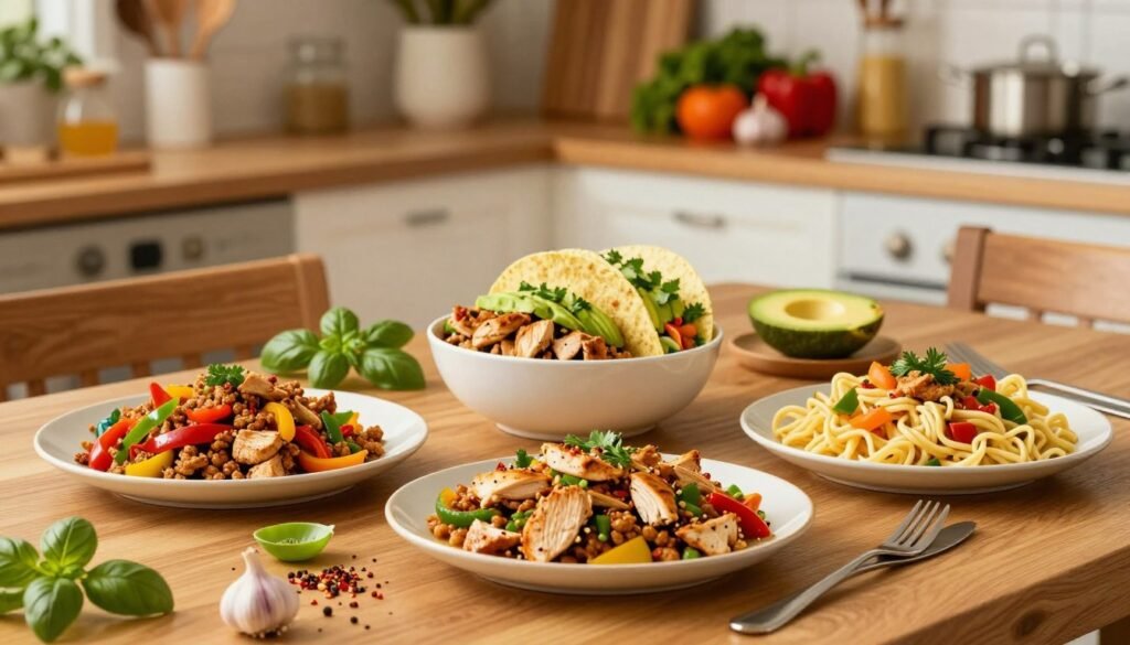 A cozy kitchen scene showcasing a variety of simple ground chicken dishes arranged on a wooden dining table. In the foreground, there are three distinct plates: a savory ground chicken stir-fry with colorful bell peppers, a comforting chicken taco bowl topped with fresh avocado and cilantro, and a vibrant chicken and vegetable pasta. The middle ground features fresh herbs and spices scattered around, such as basil, garlic, and chili flakes. The background displays softly blurred kitchen shelves filled with cooking utensils and vibrant vegetables. The warm, inviting lighting creates a homey atmosphere, enhancing the feeling of a busy yet comforting weeknight dinner. The image captures the essence of quick and easy cooking, perfect for families looking for simple meal ideas.