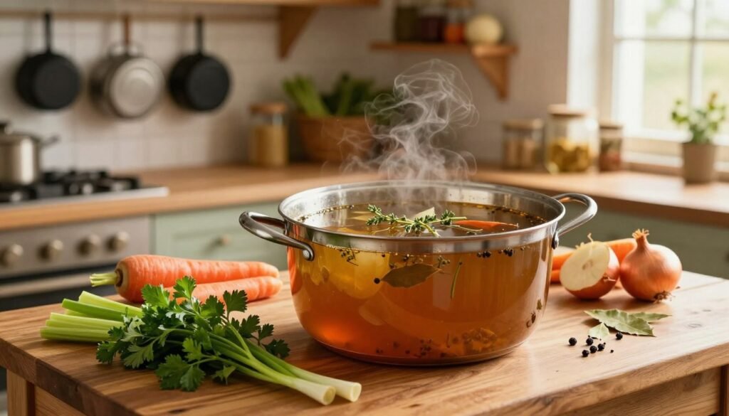 A cozy kitchen scene showcasing a wooden table with a large pot of simmering bone broth at the center, filled with rich, amber liquid and floating aromatic herbs and spices like thyme, bay leaves, and black peppercorns. In the foreground, a sprinkle of fresh herbs such as parsley and green onions adds vibrancy. To the side, an array of colorful vegetables like carrots, celery, and onions suggest their contribution to the broth's flavor. The background features warm, soft lighting illuminating rustic kitchen elements like hanging pots, wooden shelves laden with spices, and a window allowing sunlight to filter in, creating a homey and inviting atmosphere. The focus is on the pot, depicting an inviting and flavorful broth that conveys warmth and culinary creativity.