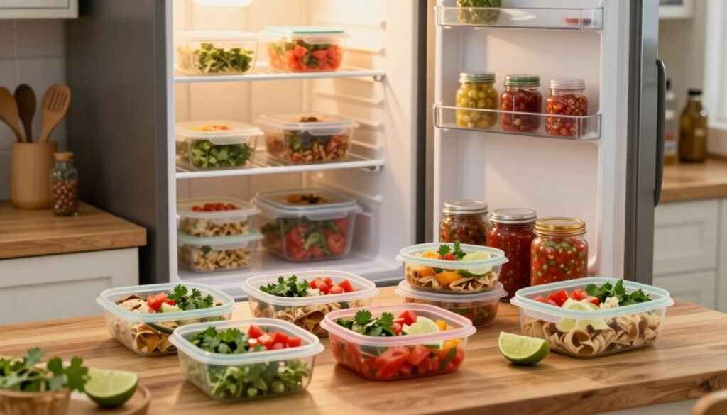 A cozy kitchen scene showcasing vibrant, freshly prepared Chipotle meals ready for storage. In the foreground, a wooden table displays neatly arranged, colorful meal-prep containers filled with burrito bowls, garnished with cilantro, diced tomatoes, and slices of lime. The middle layer features an open fridge, with shelves stocked with the containers, and a few glass jars of homemade salsa nearby. In the background, warm, inviting light filters through a window, casting a soft glow over the space, highlighting a few kitchen utensils and spices. The atmosphere feels homey and organized, emphasizing a sense of care and preparation for enjoying delicious meals later.