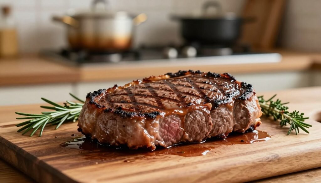 A perfectly cooked medium-rare steak resting on a wooden cutting board, glistening with juices. The steak has a beautiful sear, showcasing grill marks, and is surrounded by fresh herbs such as rosemary and thyme for added color. The foreground captures the succulent texture of the meat, emphasizing its juiciness. In the middle, a warm, natural light illuminates the scene, creating an inviting ambiance. A rustic kitchen background features blurred pots and pans on a stove, enhancing the homely atmosphere. The scene is captured with a shallow depth of field to keep the focus on the steak, creating a warm and appetizing mood that emphasizes the importance of resting the steak for maximum juiciness.