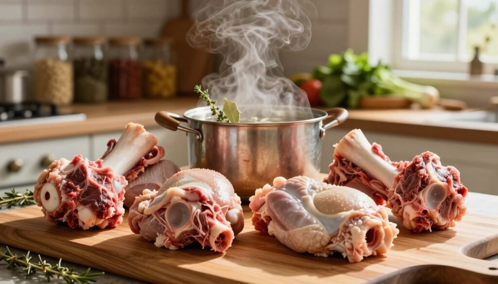 A rustic kitchen scene focused on various types of bones suitable for making broth, arranged artistically on a wooden cutting board in the foreground. Include a selection of beef shank bones, chicken carcasses, and pork neck bones, all with visible marrow and connective tissue. The middle ground features a pot simmering with aromatic herbs like thyme and bay leaves, emitting gentle steam. In the background, softly blurred shelves filled with mason jars of spices and fresh vegetables create a cozy, inviting atmosphere. Natural light streams in through a nearby window, casting warm shadows and highlights across the scene. The overall mood is warm and homey, perfect for illustrating the comforting process of making bone broth.