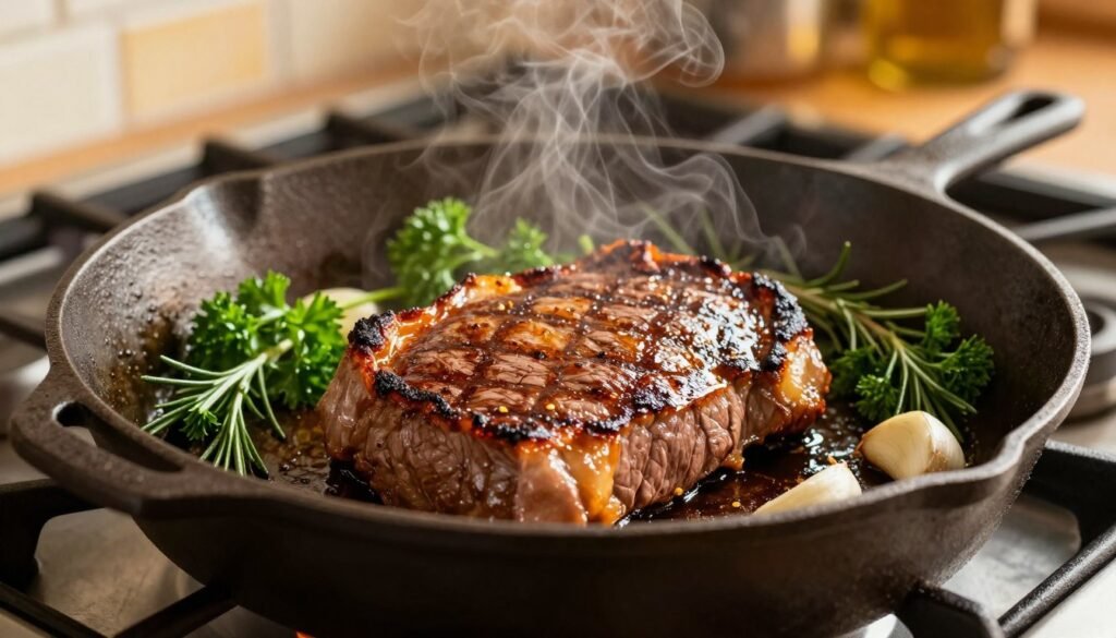 A sizzling pan filled with a perfectly seared steak, glistening with a golden-brown crust, surrounded by fresh herbs and garlic cloves. The foreground captures the texture of the steak, showing the juicy interior peeking through the caramelized exterior, while steam rises to create a warm atmosphere. In the middle, a sturdy cast iron skillet sits on a stovetop, with vibrant green parsley and rosemary scattered around as a garnish. The background features a softly blurred kitchen environment illuminated by warm, inviting lighting, enhancing the rustic and homely feel. The angle is slightly overhead, emphasizing the richness of the dish and the cooking process. The overall mood evokes comfort and culinary delight, perfect for illustrating high-heat cooking techniques.