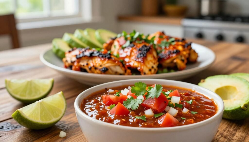 A vibrant and appetizing close-up of a homemade chipotle dish displayed on a rustic wooden table. In the foreground, a bowl of spicy chipotle sauce glistens with fresh ingredients like chopped tomatoes, onions, and cilantro, surrounded by colorful accompaniments such as avocado slices and lime wedges. In the middle, a beautifully arranged plate features grilled chicken or vegetables marinated in the chipotle sauce, garnished with a sprinkle of fresh herbs. The background softly blurs, hinting at a cozy kitchen setting illuminated by warm, natural light filtering through a nearby window. The mood is inviting and homey, encouraging viewers to explore the joys of making chipotle at home.